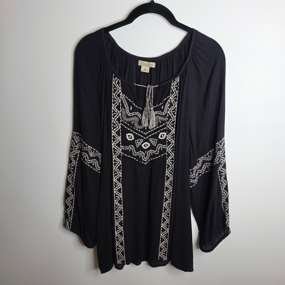 Lucky Brand Embroidered Peasant Top Womens XL Black Boho Tassel Blouse